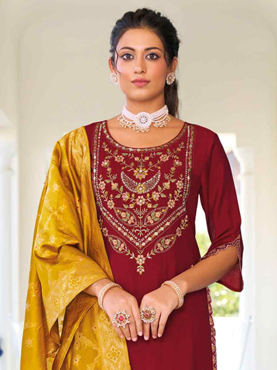Maroon Viscose Silk Embroidery Party Wedding Festival Casual Ready Pant Salwar Kameez