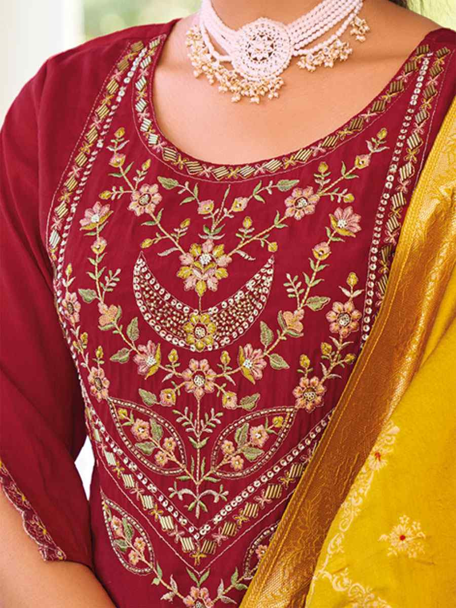 Maroon Viscose Silk Embroidery Party Wedding Festival Casual Ready Pant Salwar Kameez