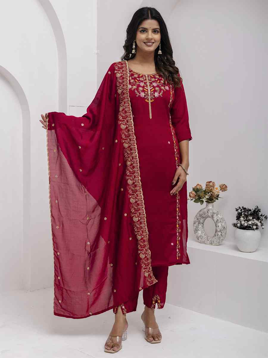 Maroon Viscose Silk Embroidery Party Wedding Festival Casual Ready Pant Salwar Kameez
