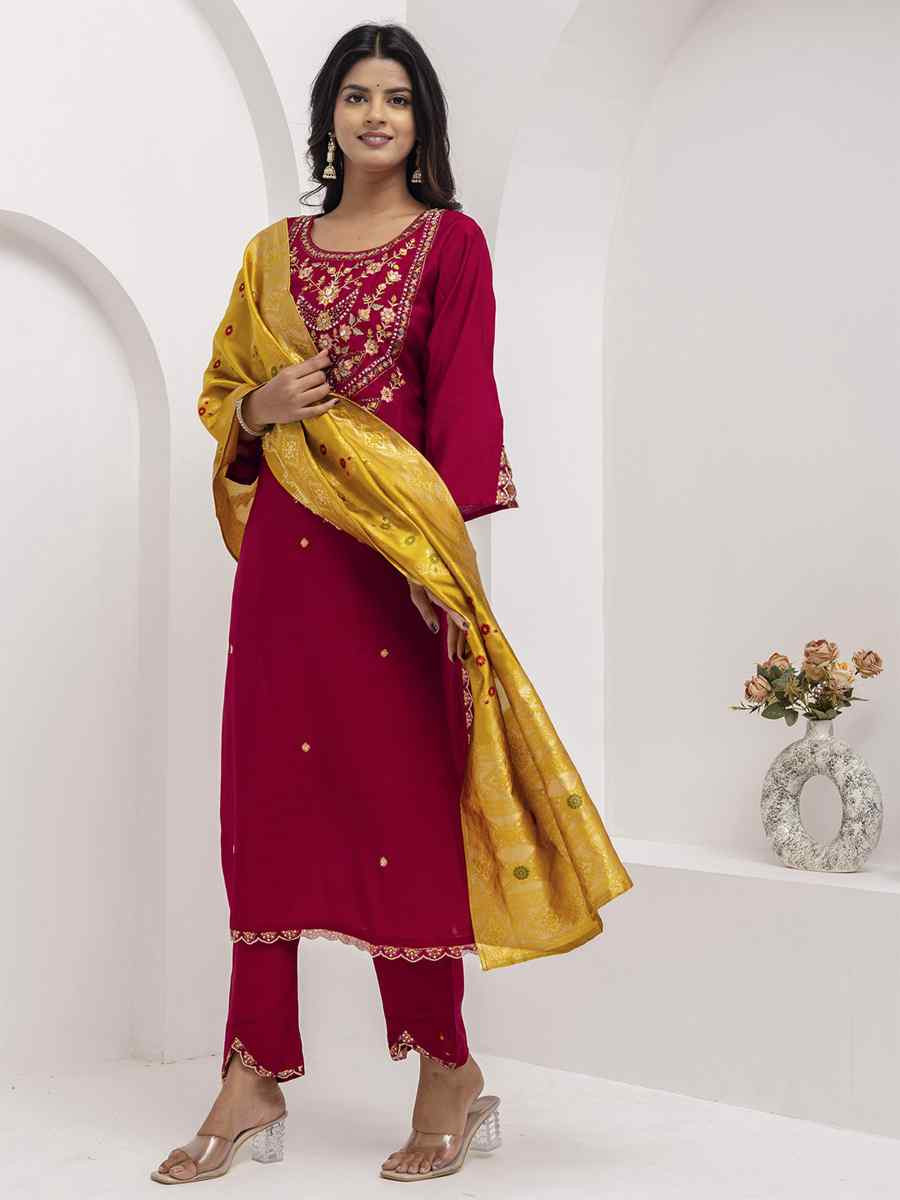 Maroon Viscose Silk Embroidery Party Wedding Festival Casual Ready Pant Salwar Kameez