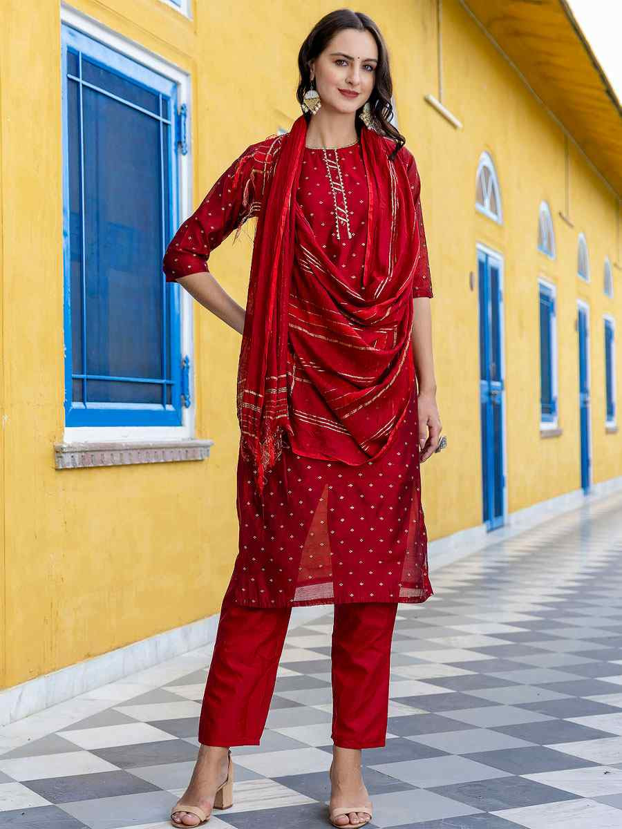 Maroon Viscose Silk Handwoven Party Wedding Festival Casual Ready Pant Salwar Kameez