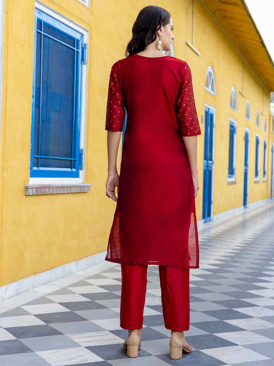 Maroon Viscose Silk Handwoven Party Wedding Festival Casual Ready Pant Salwar Kameez