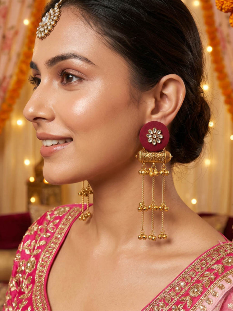 Image of Maroon Wedding Party Festival Wear Kundan Stone Earrings