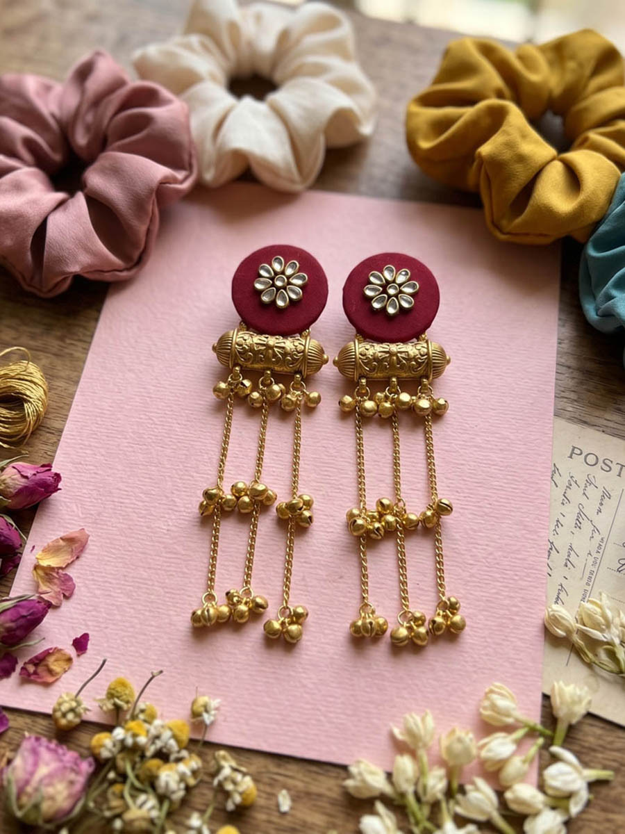 Maroon Wedding Party Festival Wear Kundan Stone Earrings