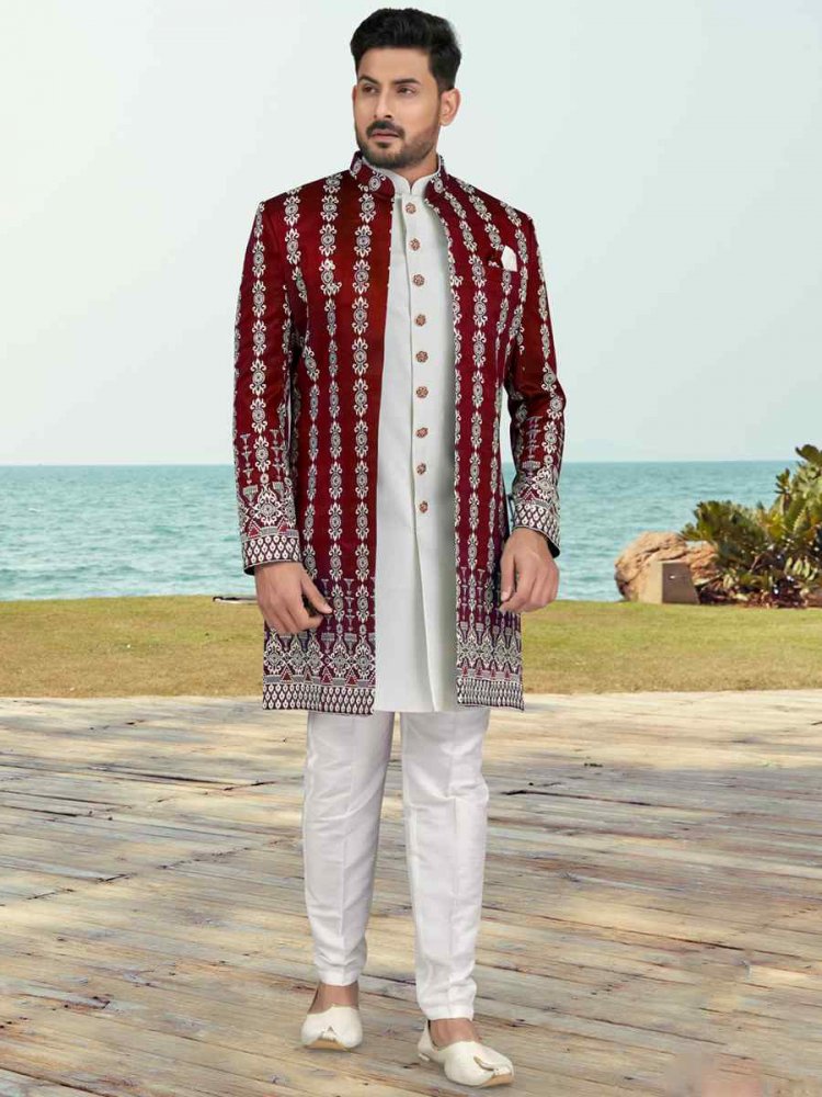 Maroon White Banarasi Silk Embroidered Wedding Festival Sherwani