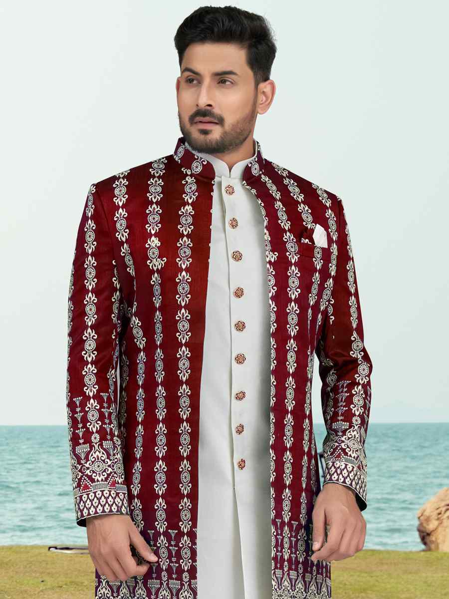 Maroon White Banarasi Silk Embroidered Wedding Festival Sherwani