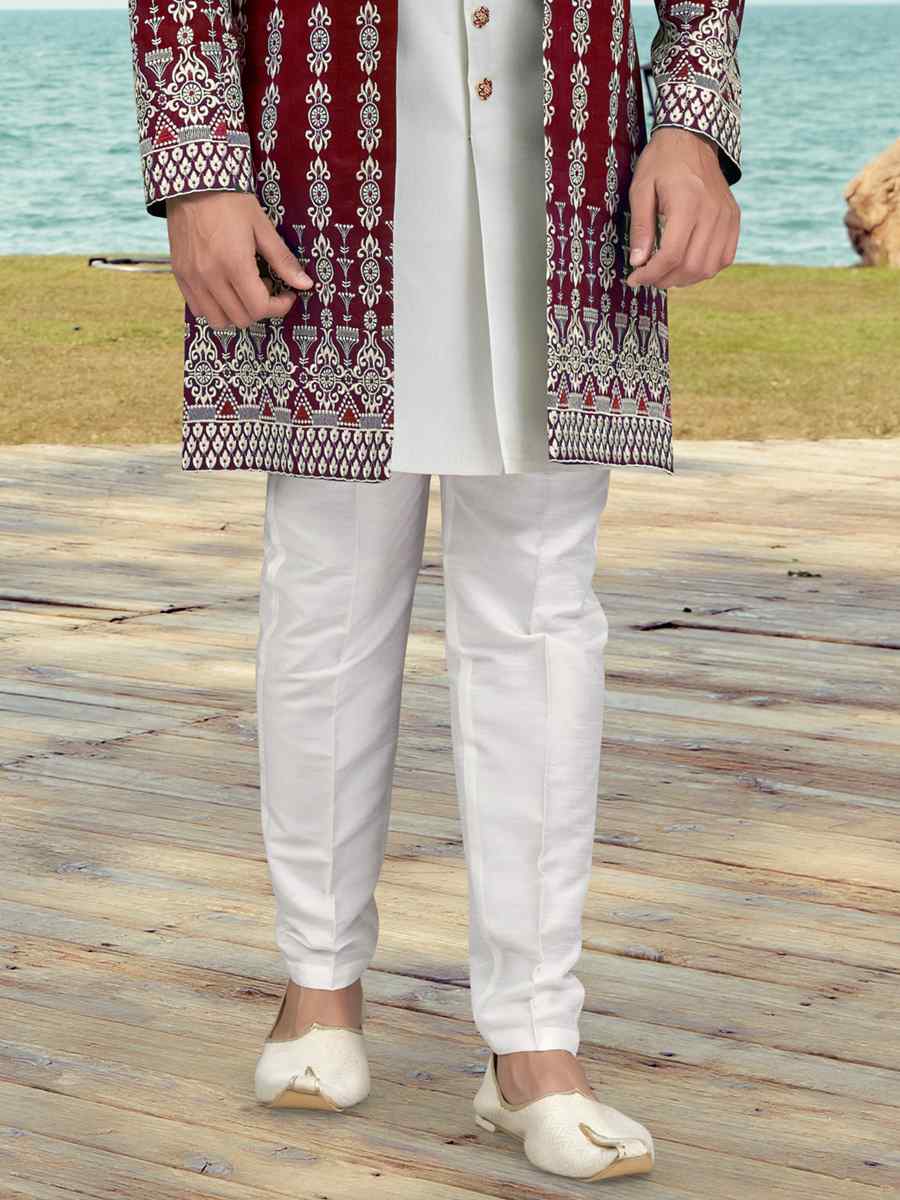 Maroon White Banarasi Silk Embroidered Wedding Festival Sherwani