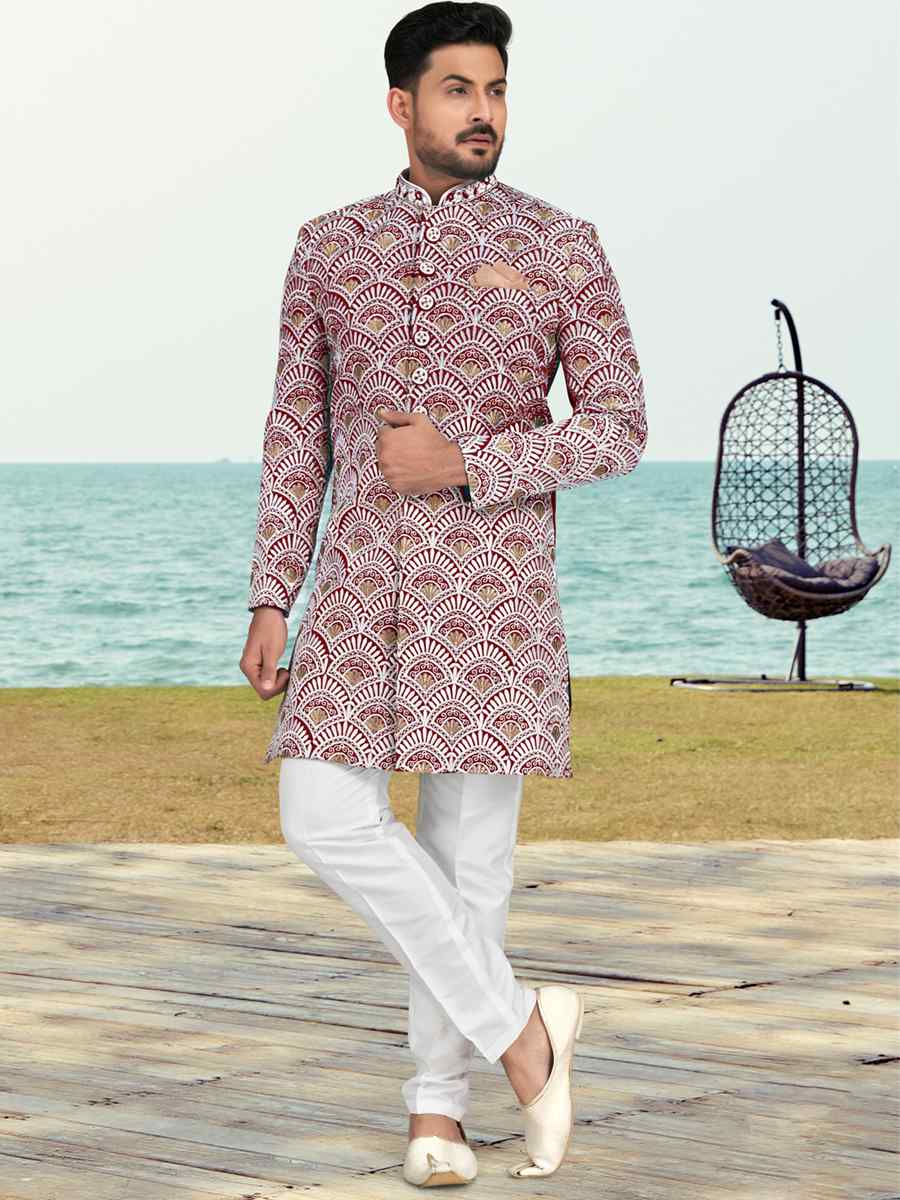Maroon White Banarasi Silk Embroidered Wedding Festival Sherwani