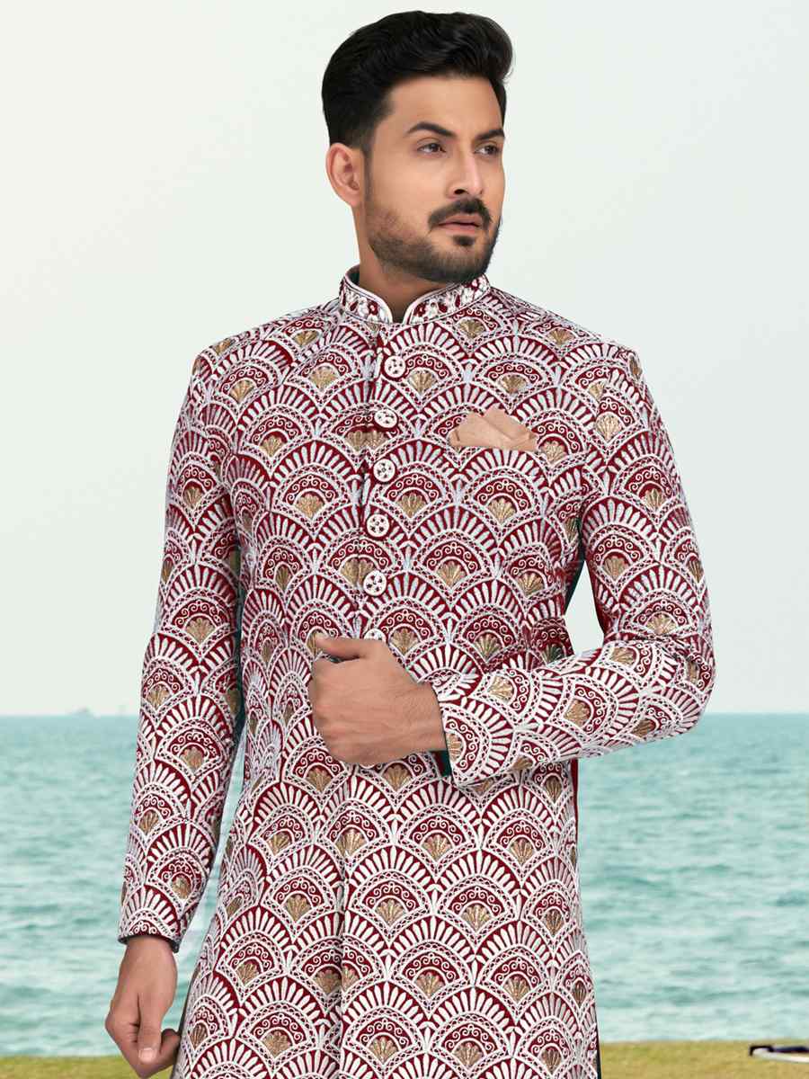 Maroon White Banarasi Silk Embroidered Wedding Festival Sherwani