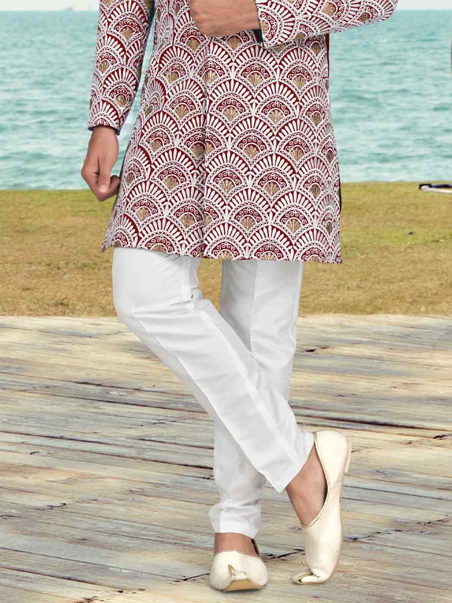 Maroon White Banarasi Silk Embroidered Wedding Festival Sherwani