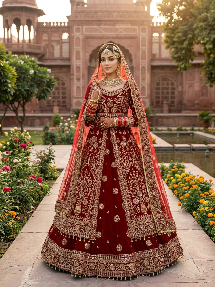 Marron 9000 markable Velvet Embroidery Zari Zardosi Sequins Wedding Reception Party Festival Heavy Border Lehenga Choli
