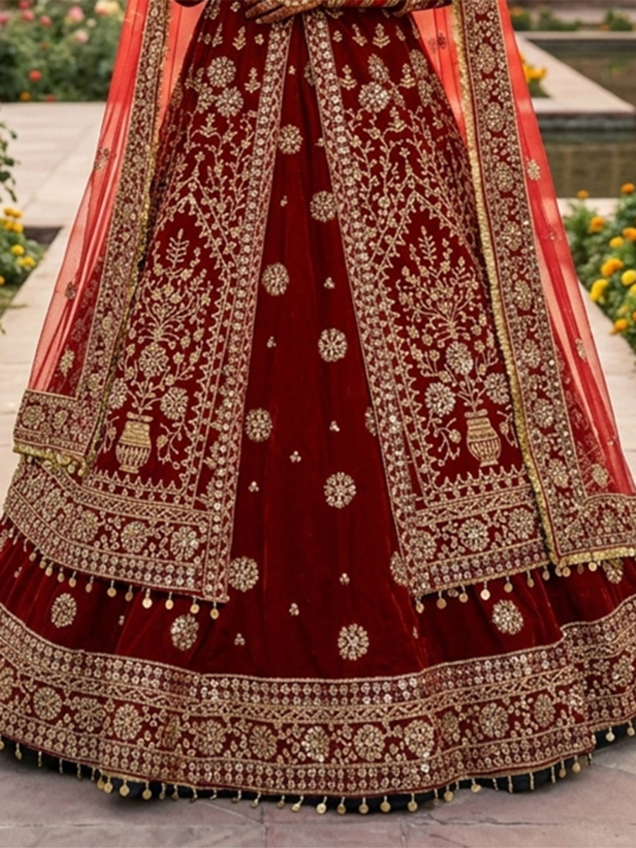 Marron 9000 markable Velvet Embroidery Zari Zardosi Sequins Wedding Reception Party Festival Heavy Border Lehenga Choli