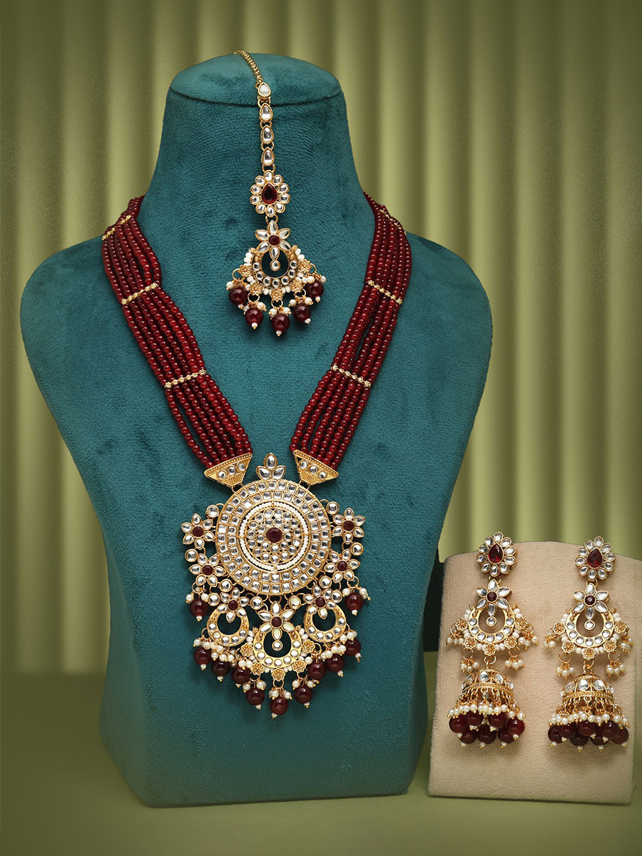 Marron Alloy Metal Wedding Festival Party Wear Kundan Necklace