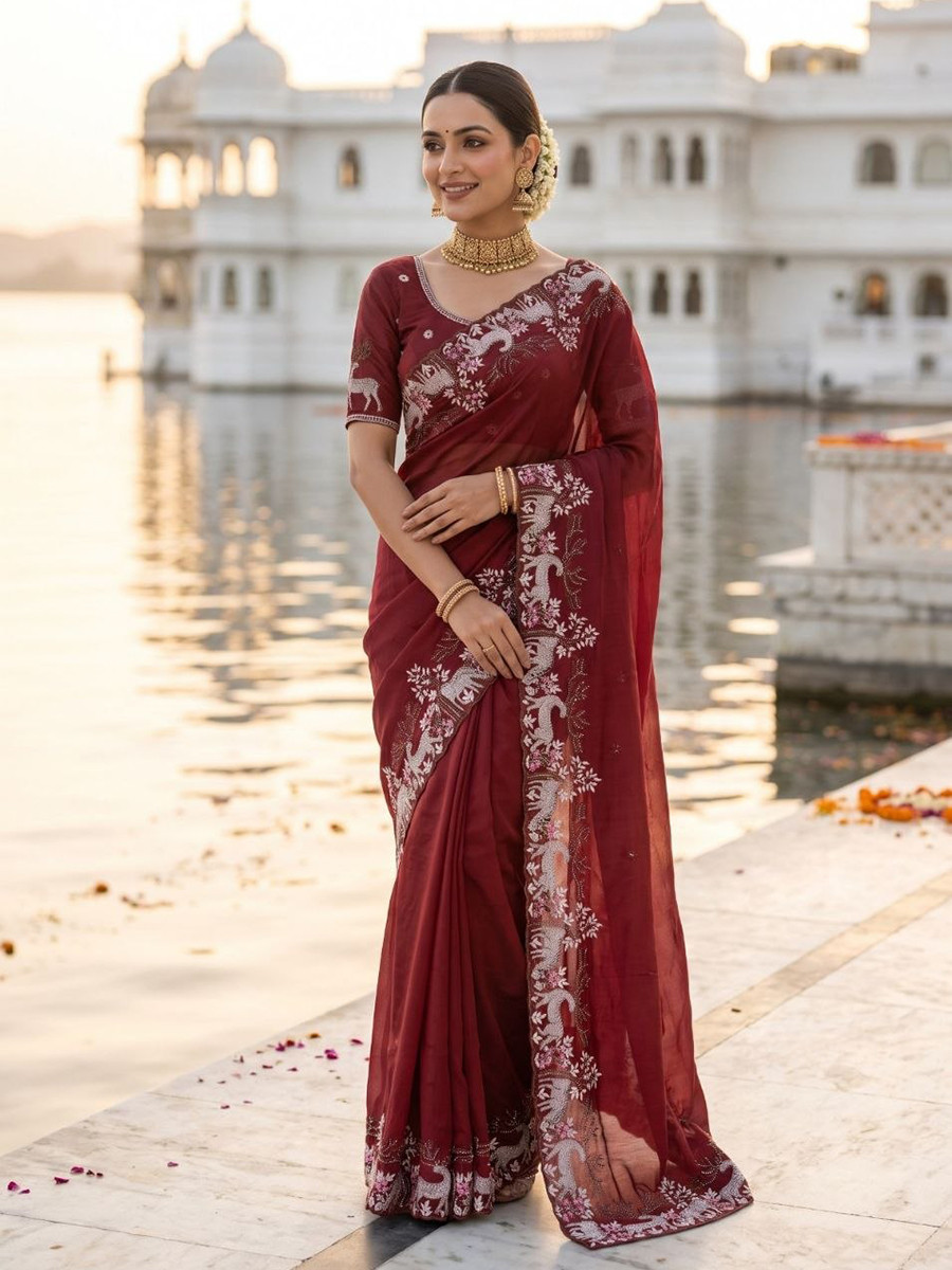 Marron Black Rangoli Silk Embroidery Wedding Reception Party Festival Casual Heavy Border Sarees