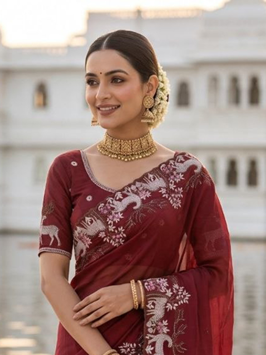 Marron Black Rangoli Silk Embroidery Wedding Reception Party Festival Casual Heavy Border Sarees