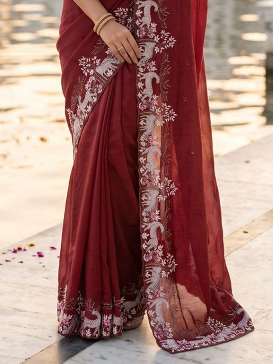 Marron Black Rangoli Silk Embroidery Wedding Reception Party Festival Casual Heavy Border Sarees