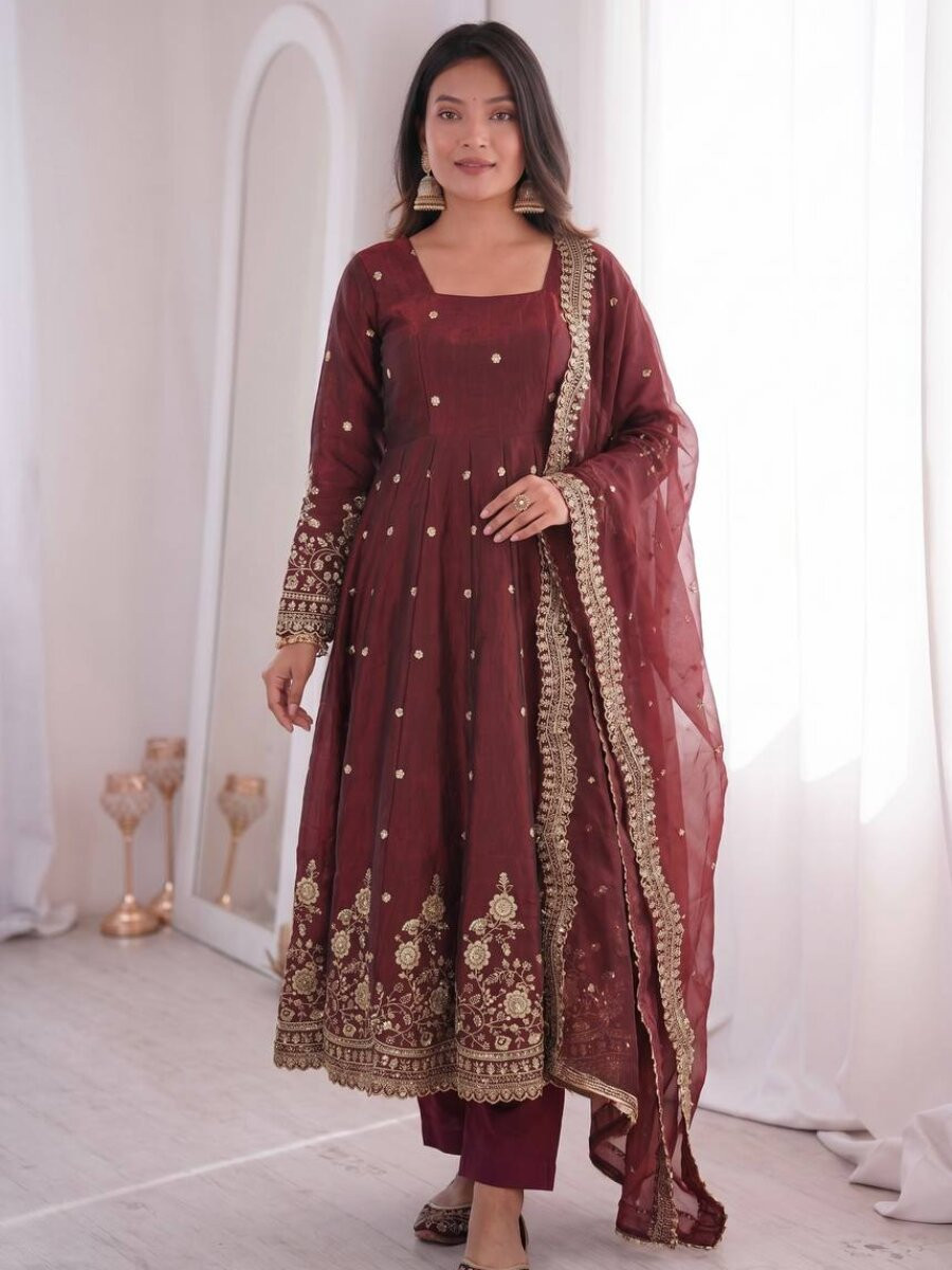 Marron Fandy Silk Embroidery Sequins Zari Wedding Party Festival Casual Ready Anarkali Pant Salwar Kameez