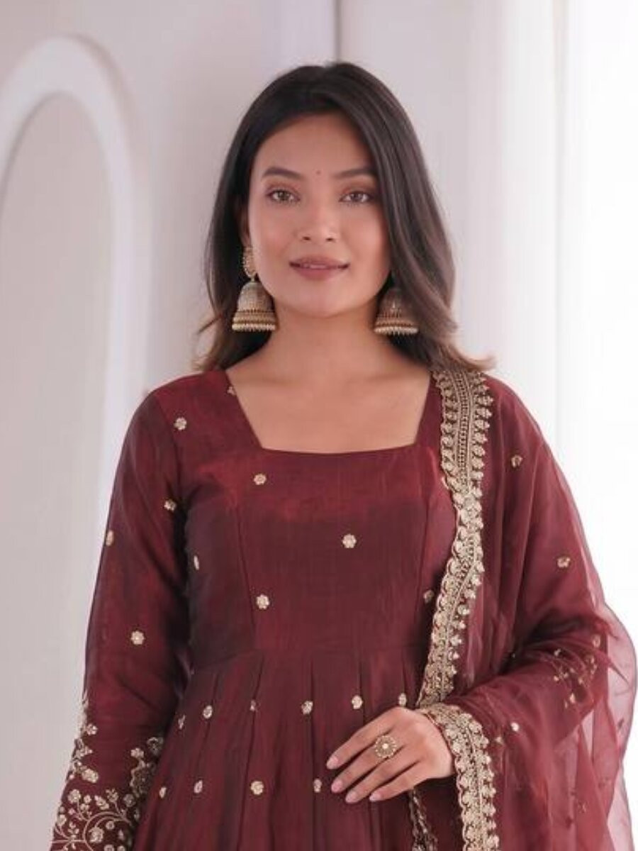 Marron Fandy Silk Embroidery Sequins Zari Wedding Party Festival Casual Ready Anarkali Pant Salwar Kameez