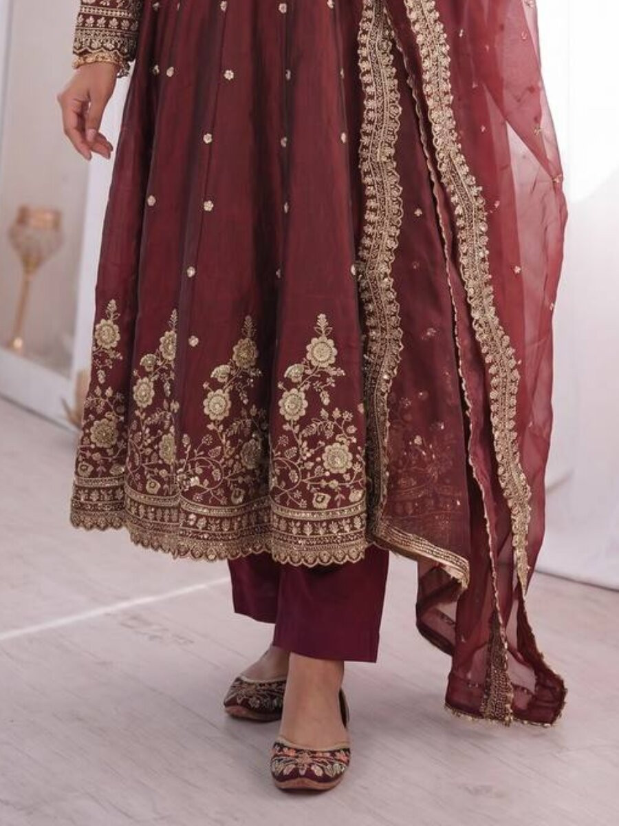 Marron Fandy Silk Embroidery Sequins Zari Wedding Party Festival Casual Ready Anarkali Pant Salwar Kameez