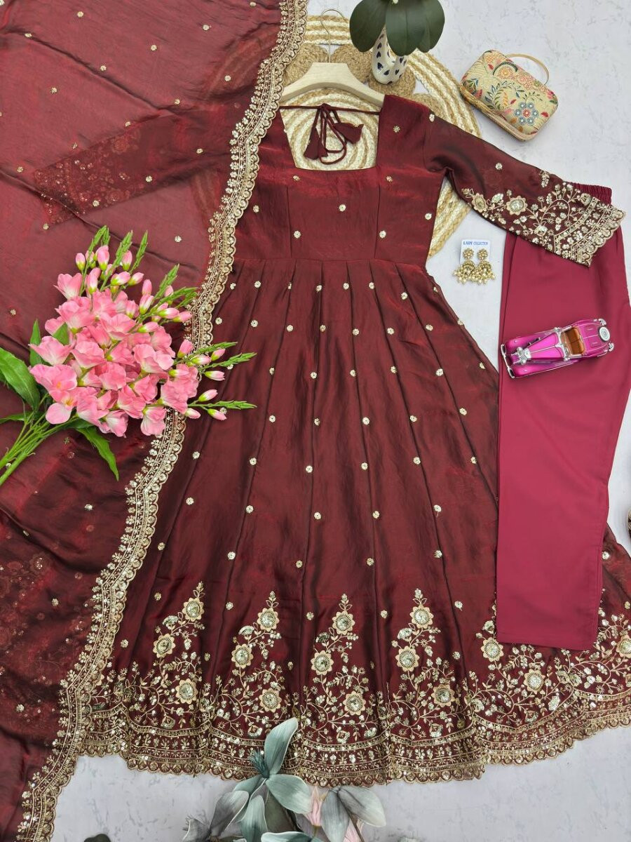 Marron Fandy Silk Embroidery Sequins Zari Wedding Party Festival Casual Ready Anarkali Pant Salwar Kameez