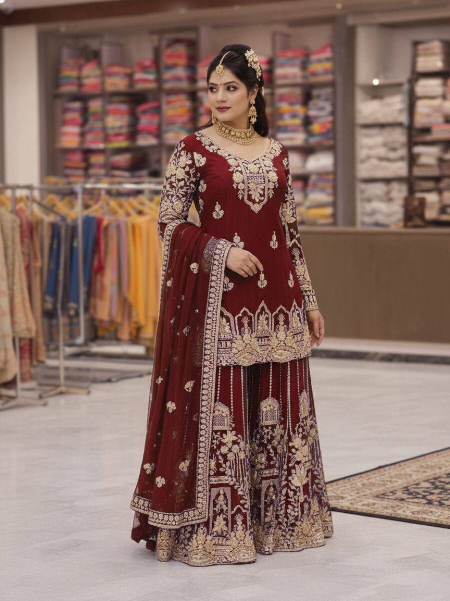 Marron Faux Georgette Embroidery Zari Sequins Wedding Party Festival Casual Palazzo Pant Salwar Kameez