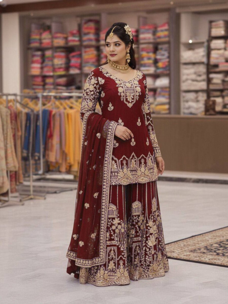 Image of Marron Faux Georgette Embroidery Zari Sequins Wedding Party Festival Casual Palazzo Pant Salwar Kameez