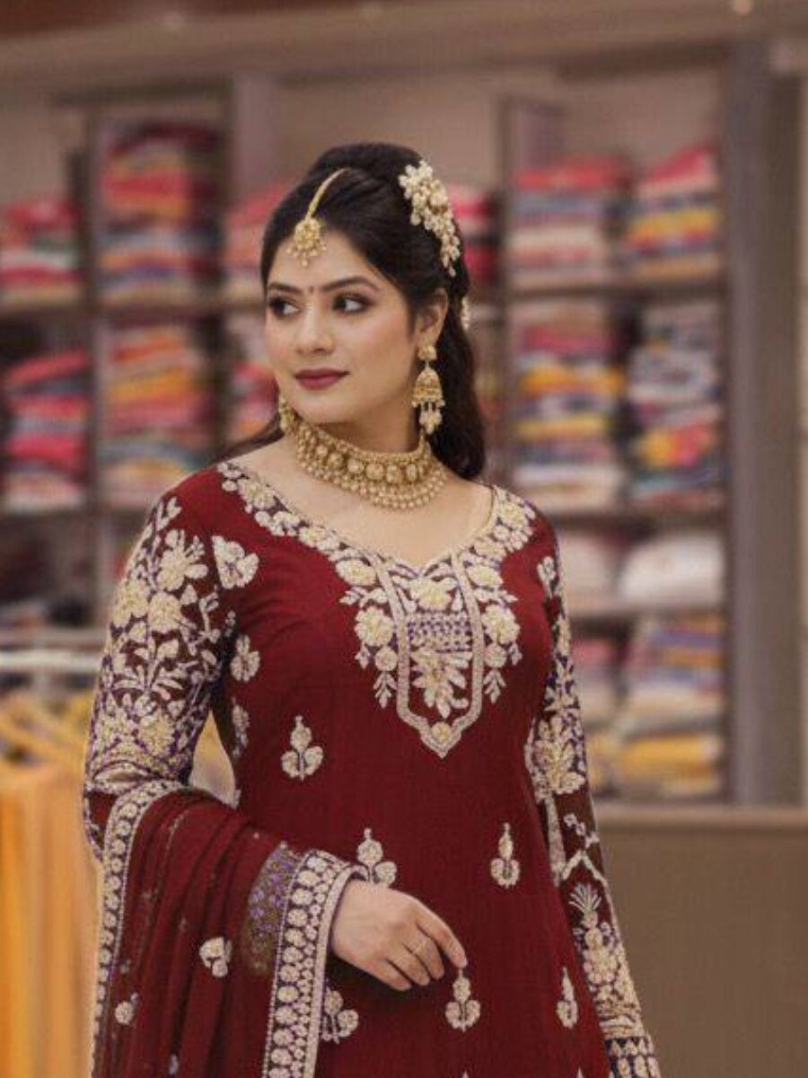 Marron Faux Georgette Embroidery Zari Sequins Wedding Party Festival Casual Palazzo Pant Salwar Kameez