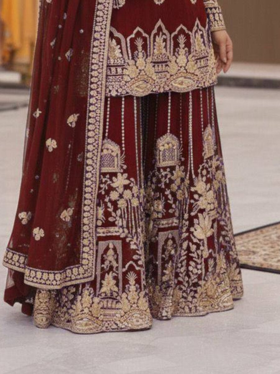 Marron Faux Georgette Embroidery Zari Sequins Wedding Party Festival Casual Palazzo Pant Salwar Kameez