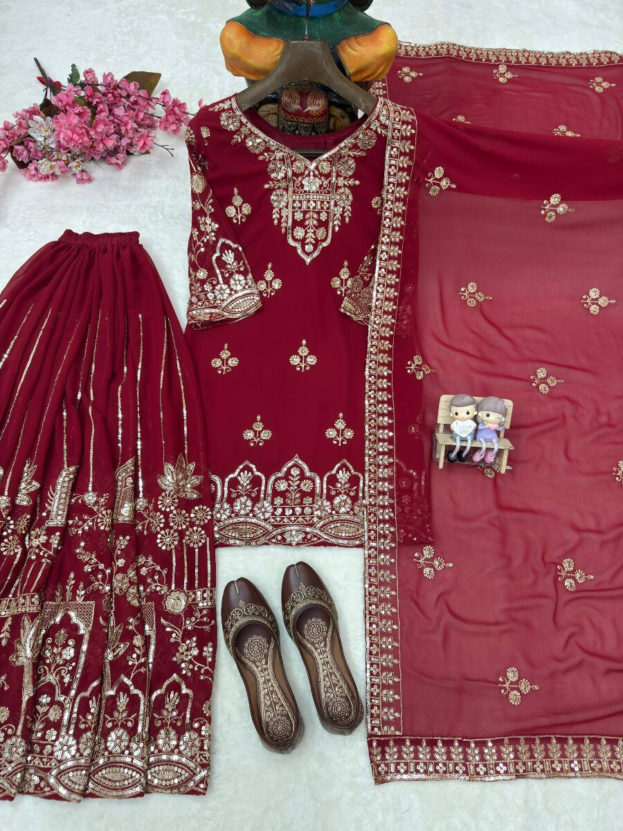 Marron Faux Georgette Embroidery Zari Sequins Wedding Party Festival Casual Palazzo Pant Salwar Kameez
