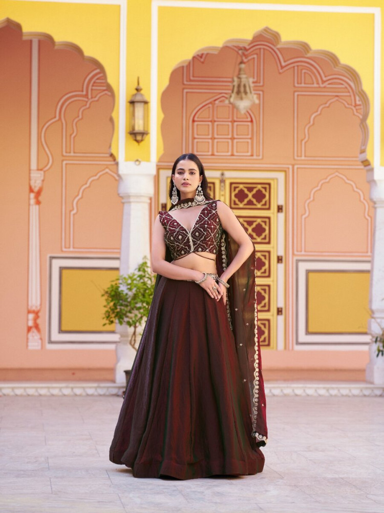Image of Marron Fendi Embroidery Zari Wedding Reception Party Festival Circular Lehenga Choli