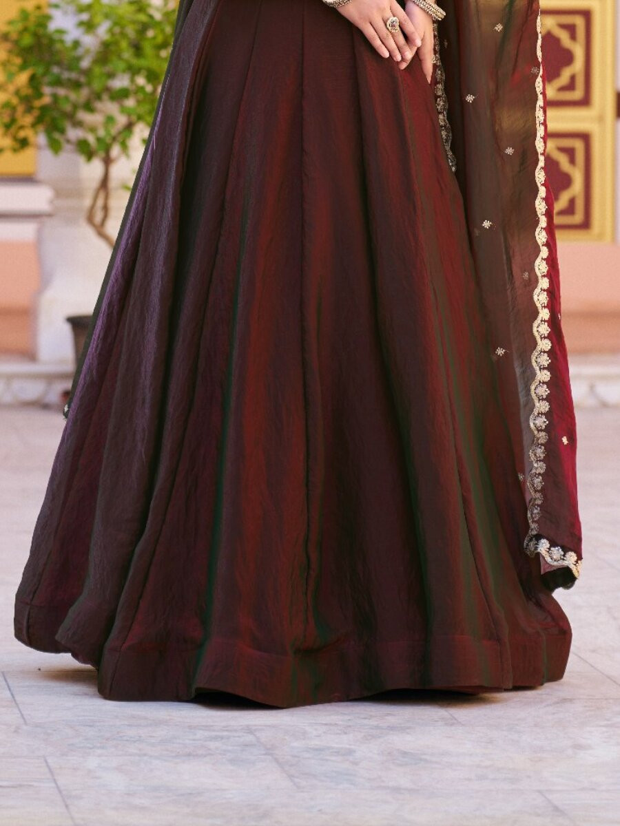 Marron Fendi Embroidery Zari Wedding Reception Party Festival Circular Lehenga Choli