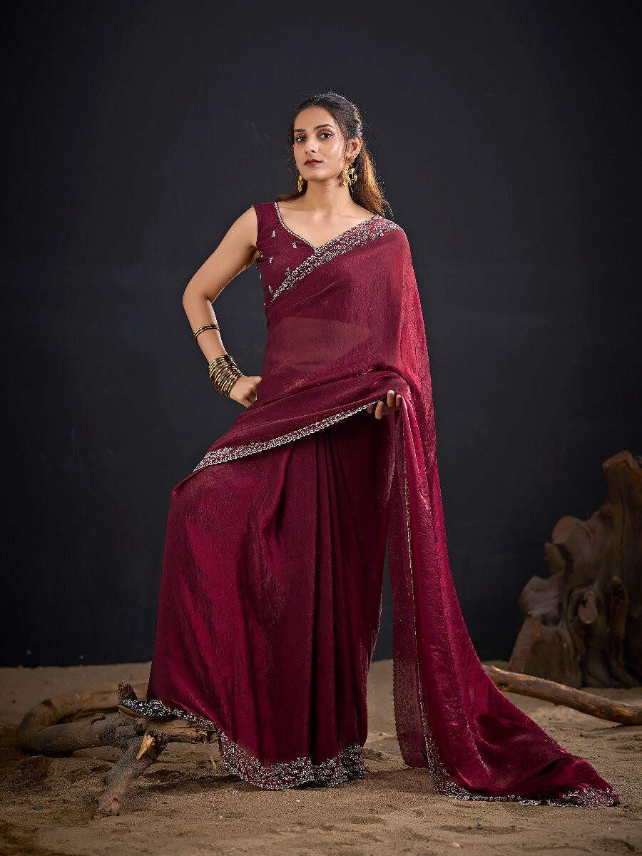 Marron Fendi Satin Silk Two Tone Embroidery Wedding Reception Party Festival Casual Heavy Border Sarees