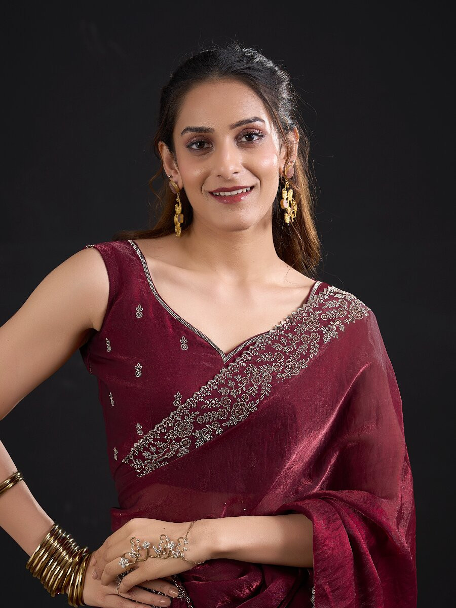 Marron Fendi Satin Silk Two Tone Embroidery Wedding Reception Party Festival Casual Heavy Border Sarees
