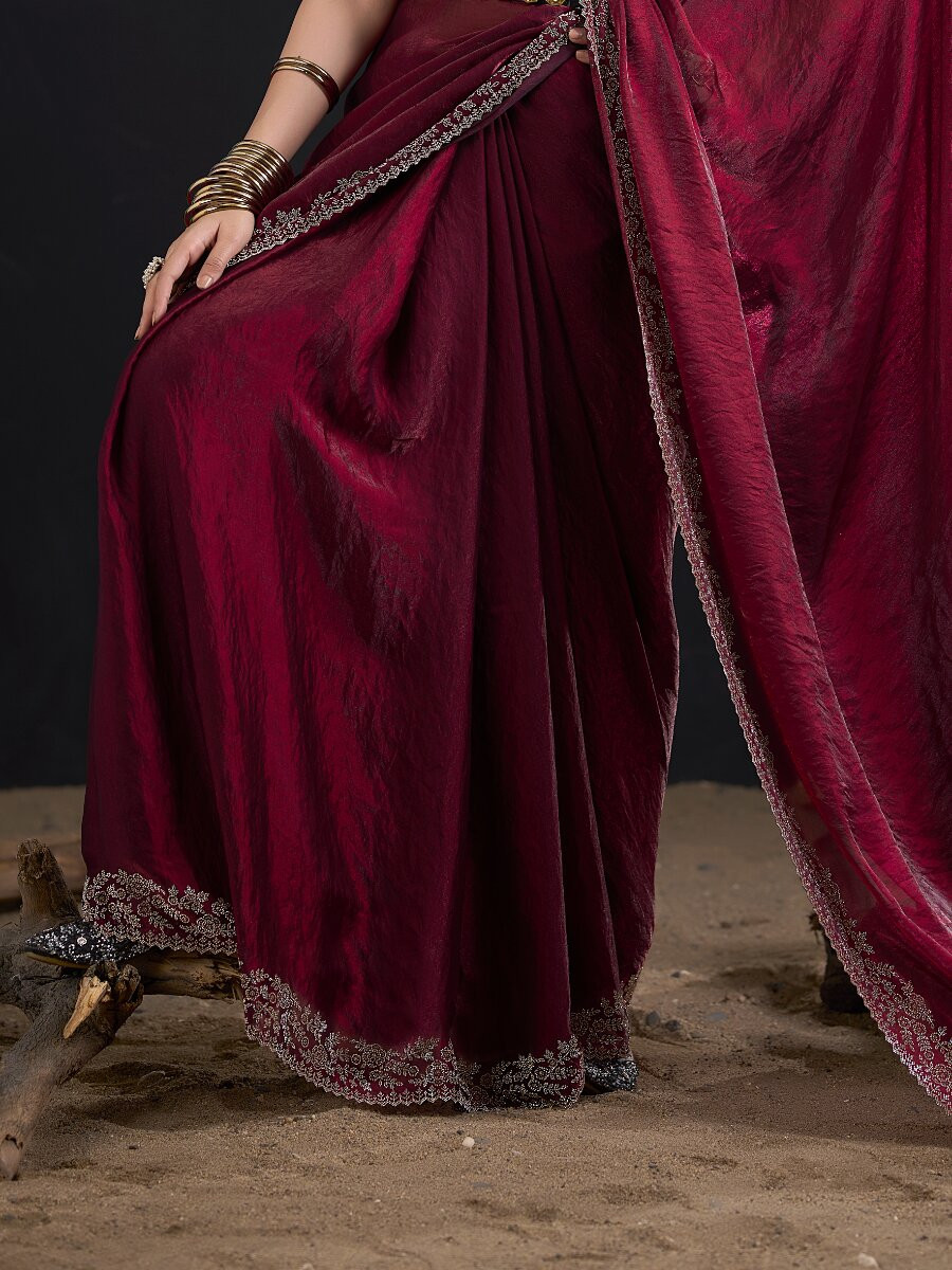 Marron Fendi Satin Silk Two Tone Embroidery Wedding Reception Party Festival Casual Heavy Border Sarees