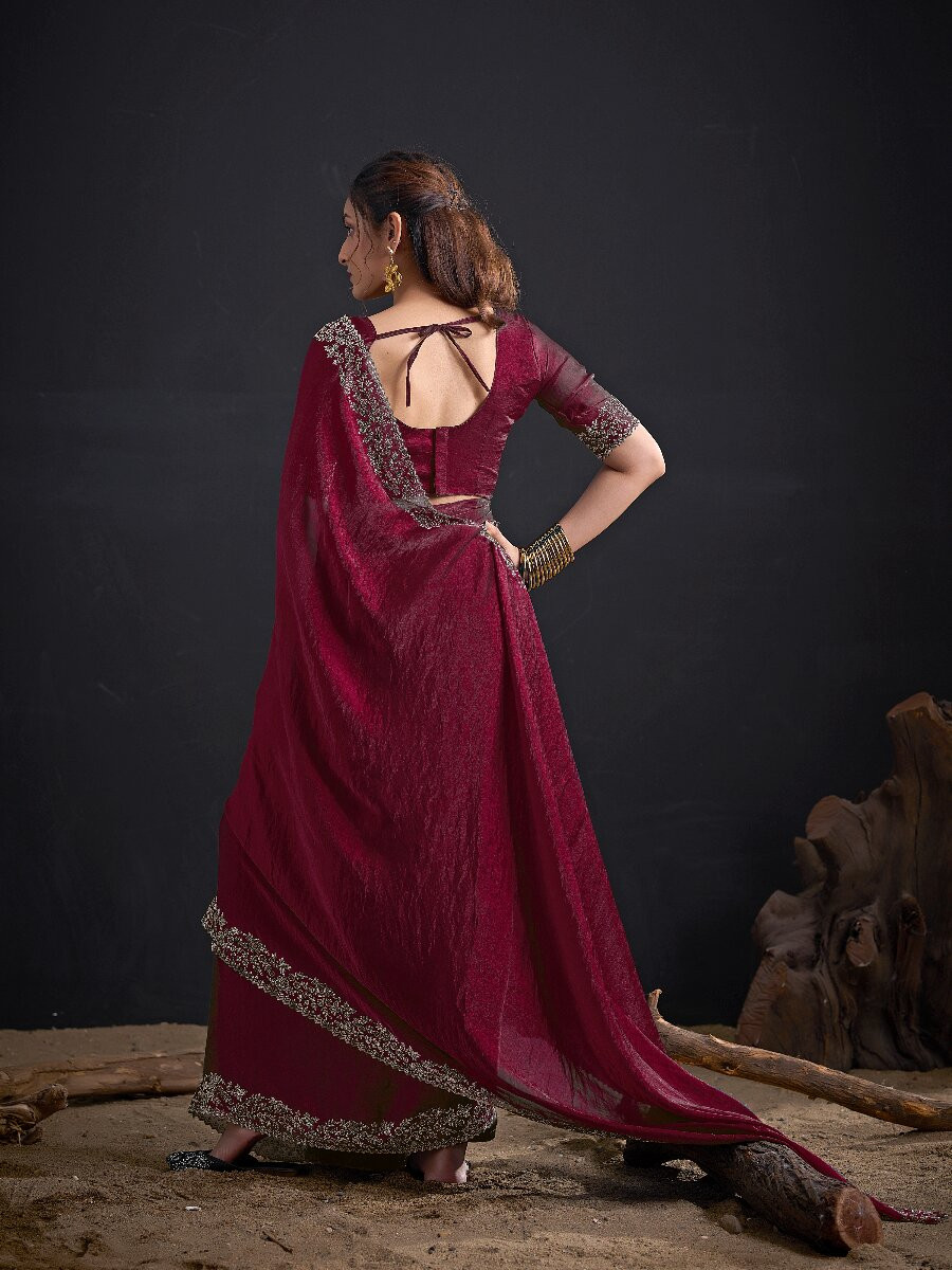 Marron Fendi Satin Silk Two Tone Embroidery Wedding Reception Party Festival Casual Heavy Border Sarees