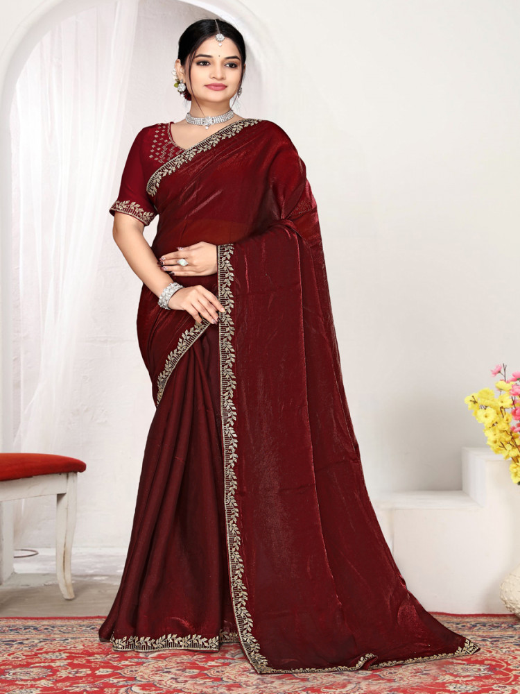 Image of Marron Fendi satin silk Zircon Stone Embroidery Festival Wedding Fancy Classic Heavy Border Saree