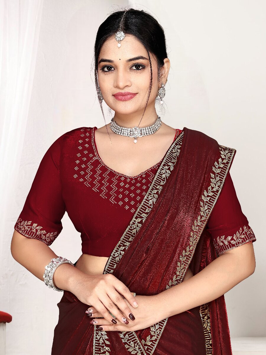 Marron Fendi satin silk Zircon Stone Embroidery Festival Wedding Fancy Classic Heavy Border Saree