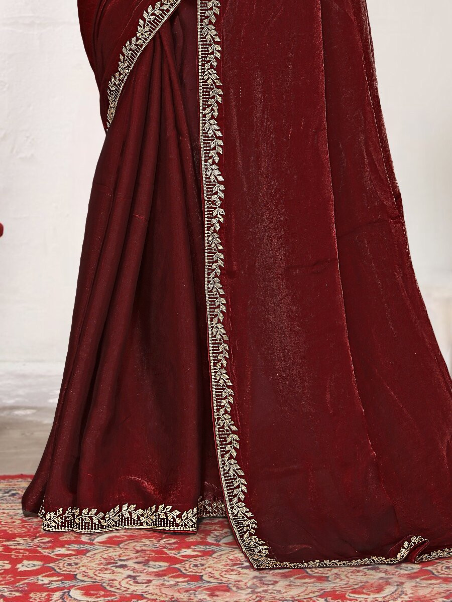 Marron Fendi satin silk Zircon Stone Embroidery Festival Wedding Fancy Classic Heavy Border Saree