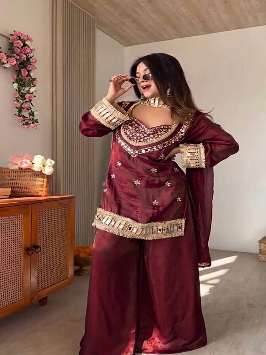 Marron Fendi Silk Embroidery Zari Lace Work Wedding Party Festival Casual Ready Palazzo Pant Salwar Kameez