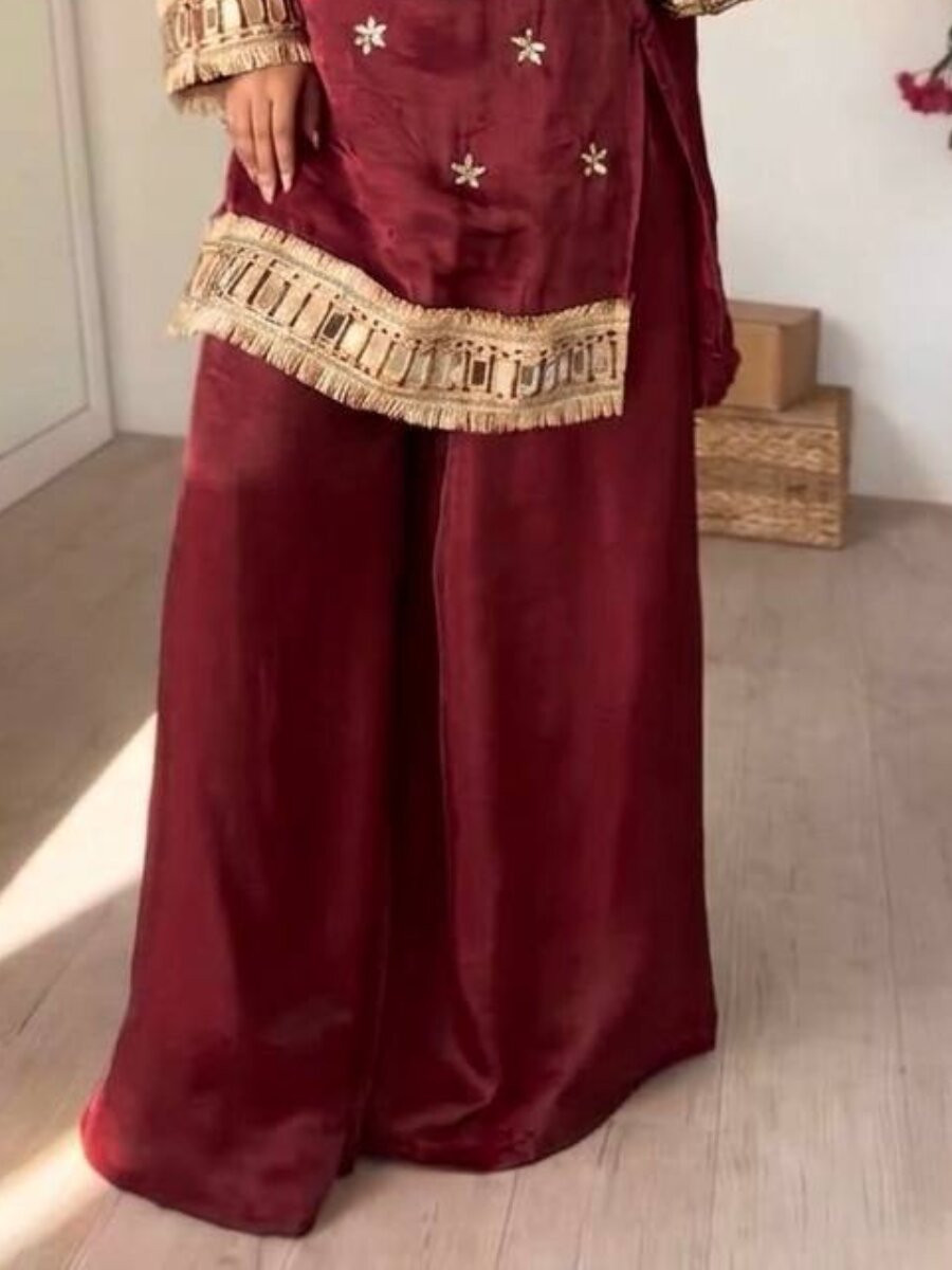 Marron Fendi Silk Embroidery Zari Lace Work Wedding Party Festival Casual Ready Palazzo Pant Salwar Kameez
