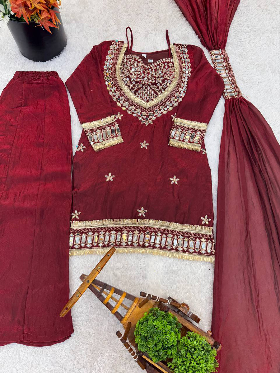 Marron Fendi Silk Embroidery Zari Lace Work Wedding Party Festival Casual Ready Palazzo Pant Salwar Kameez