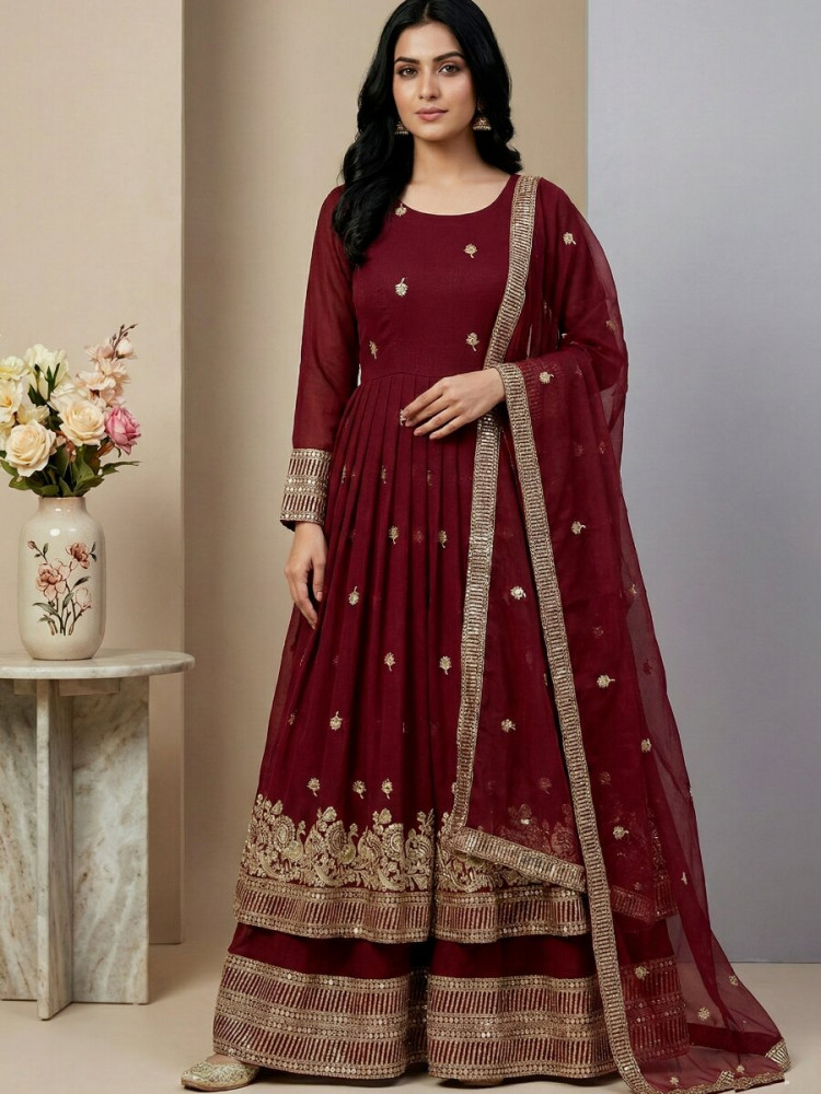 Image of Marron Heavy Crunchy Silk Embroidery Sequins Wedding Festival Party Wear Ready Anarkali Sharara Pant Salwar Kameez