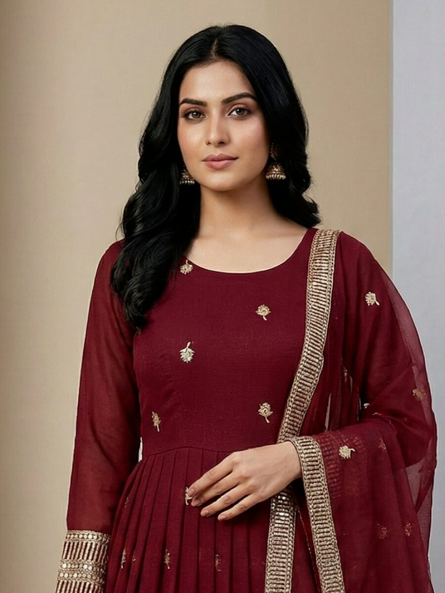 Marron Heavy Crunchy Silk Embroidery Sequins Wedding Festival Party Wear Ready Anarkali Sharara Pant Salwar Kameez