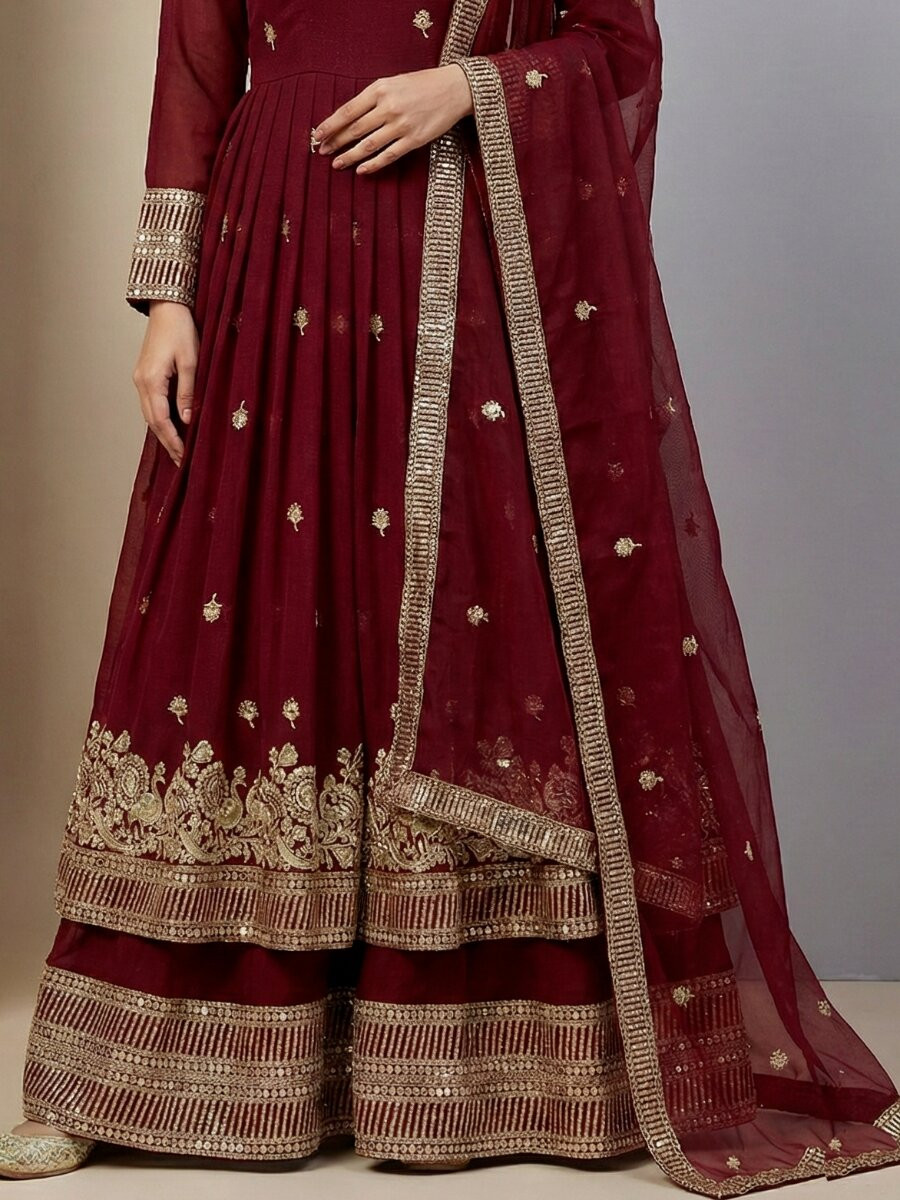Marron Heavy Crunchy Silk Embroidery Sequins Wedding Festival Party Wear Ready Anarkali Sharara Pant Salwar Kameez