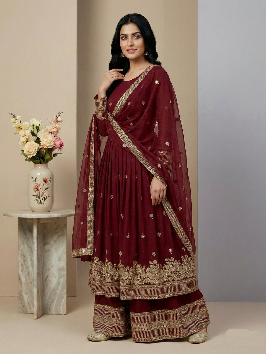 Marron Heavy Crunchy Silk Embroidery Sequins Wedding Festival Party Wear Ready Anarkali Sharara Pant Salwar Kameez