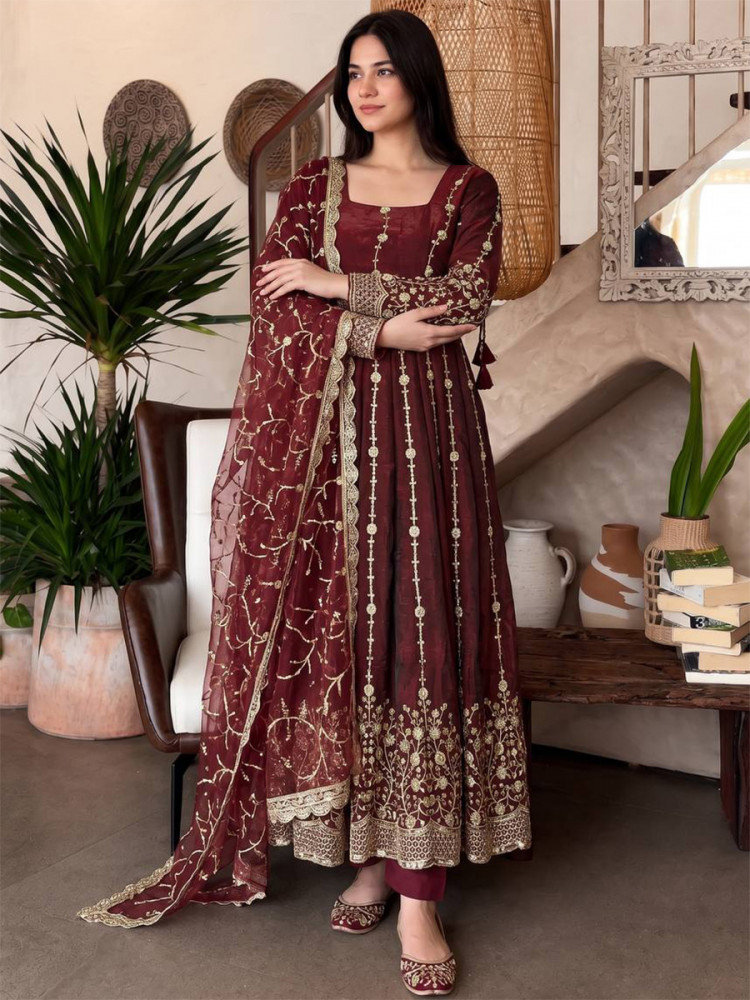 Image of Marron Heavy Fandy Silk Embroidery Sequins Zari Wedding Party Festival Casual Ready Anarkali Pant Salwar Kameez