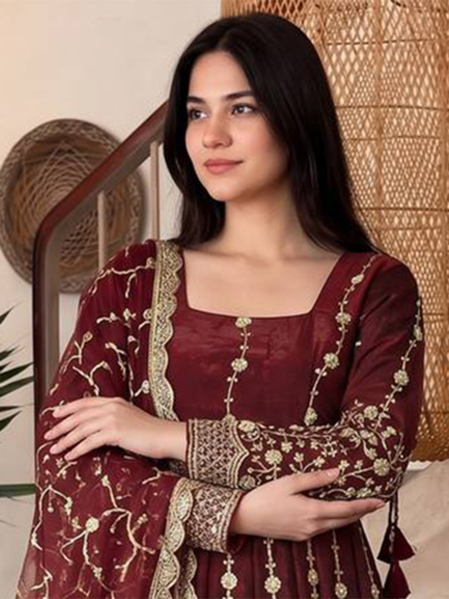 Marron Heavy Fandy Silk Embroidery Sequins Zari Wedding Party Festival Casual Ready Anarkali Pant Salwar Kameez