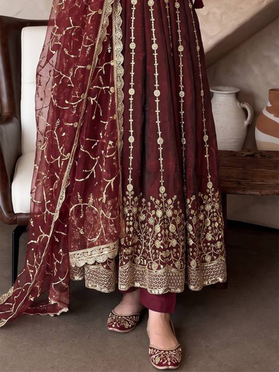 Marron Heavy Fandy Silk Embroidery Sequins Zari Wedding Party Festival Casual Ready Anarkali Pant Salwar Kameez