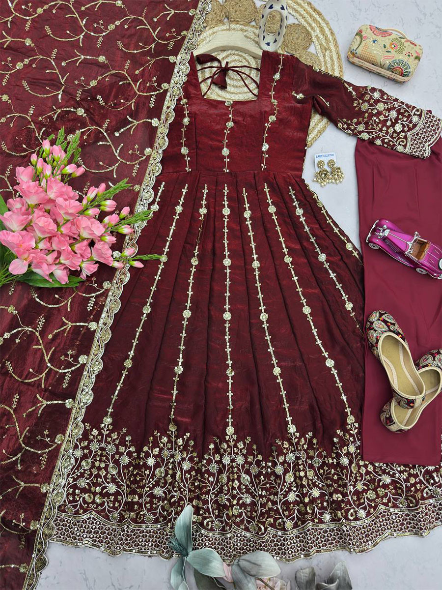 Marron Heavy Fandy Silk Embroidery Sequins Zari Wedding Party Festival Casual Ready Anarkali Pant Salwar Kameez