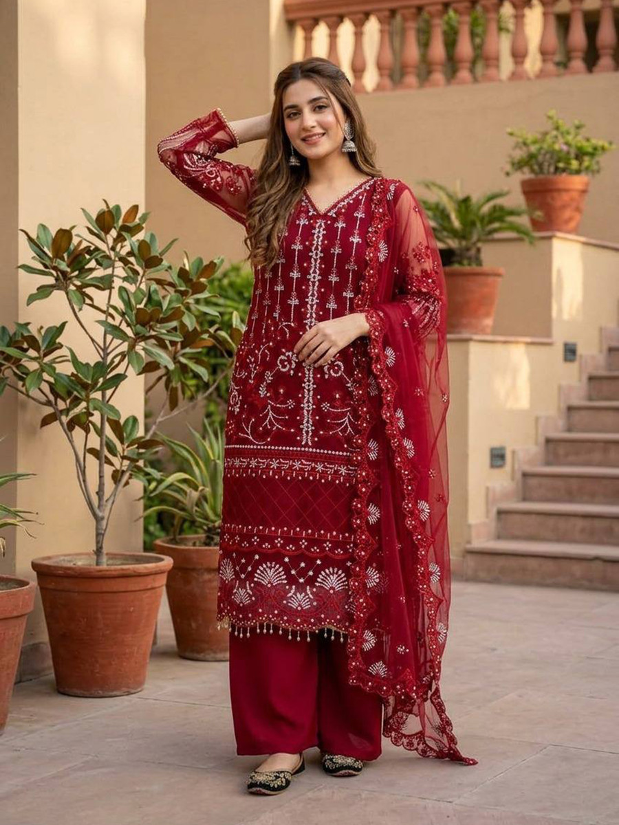 Marron Heavy Soft Net Embroidery Sequins Beads Party Wedding Festival Casual Ready Palazzo Pant Salwar Kameez